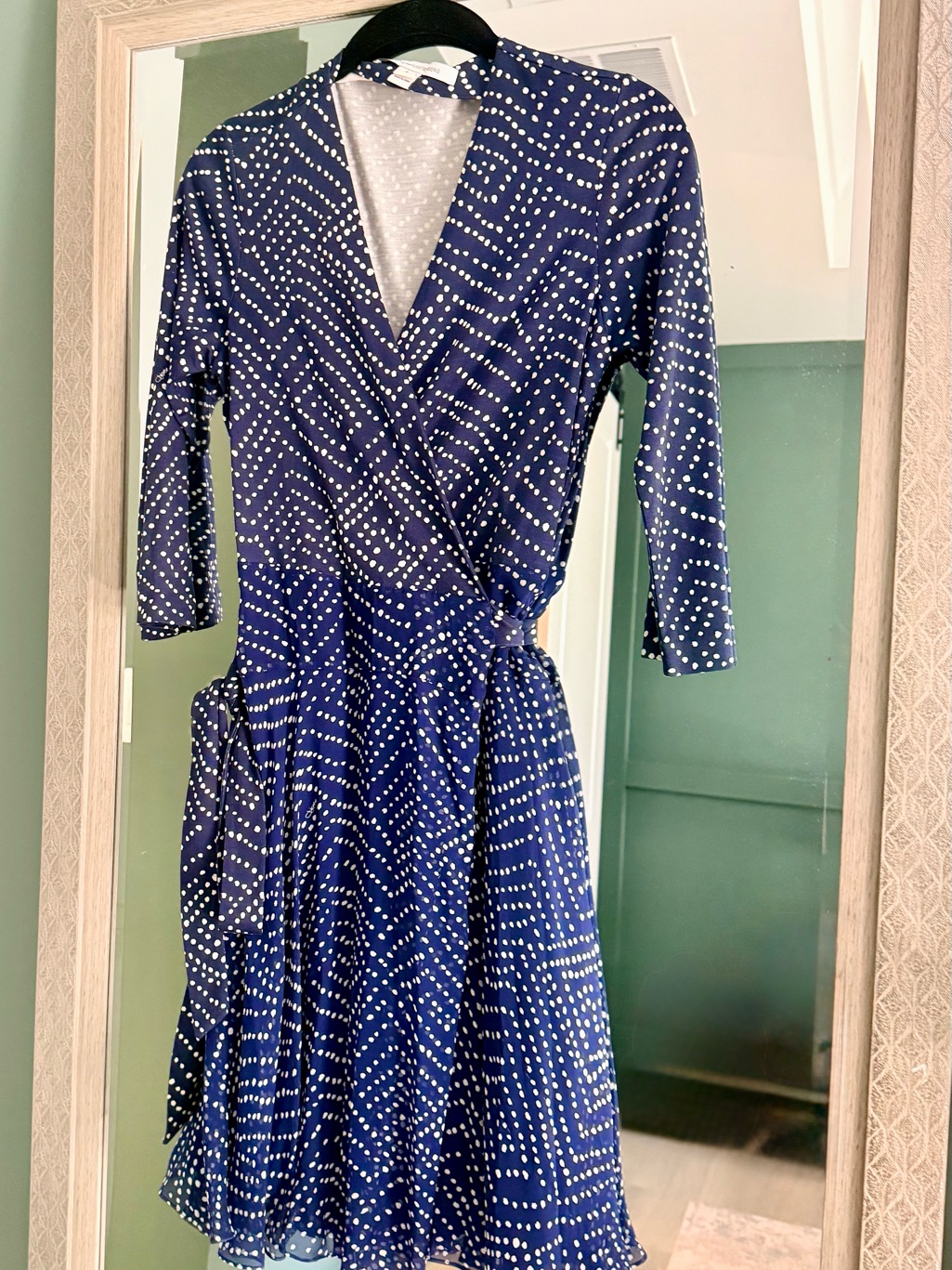 Diane Von Furstenberg Navy Blue & White Polka Dot Wrap Midi Dress